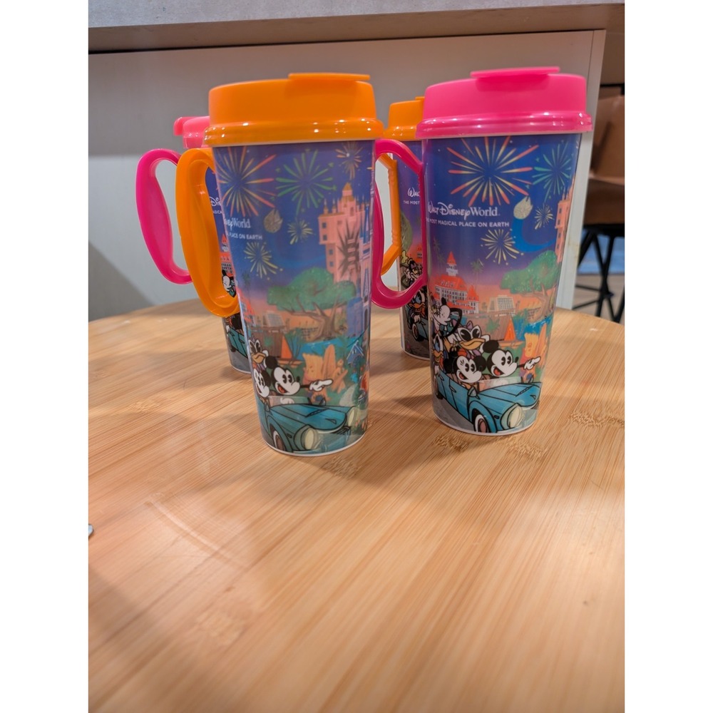 Disney World Resort Refillable Plastic Cup Mickey Mouse Lot of 4 Pink Orange